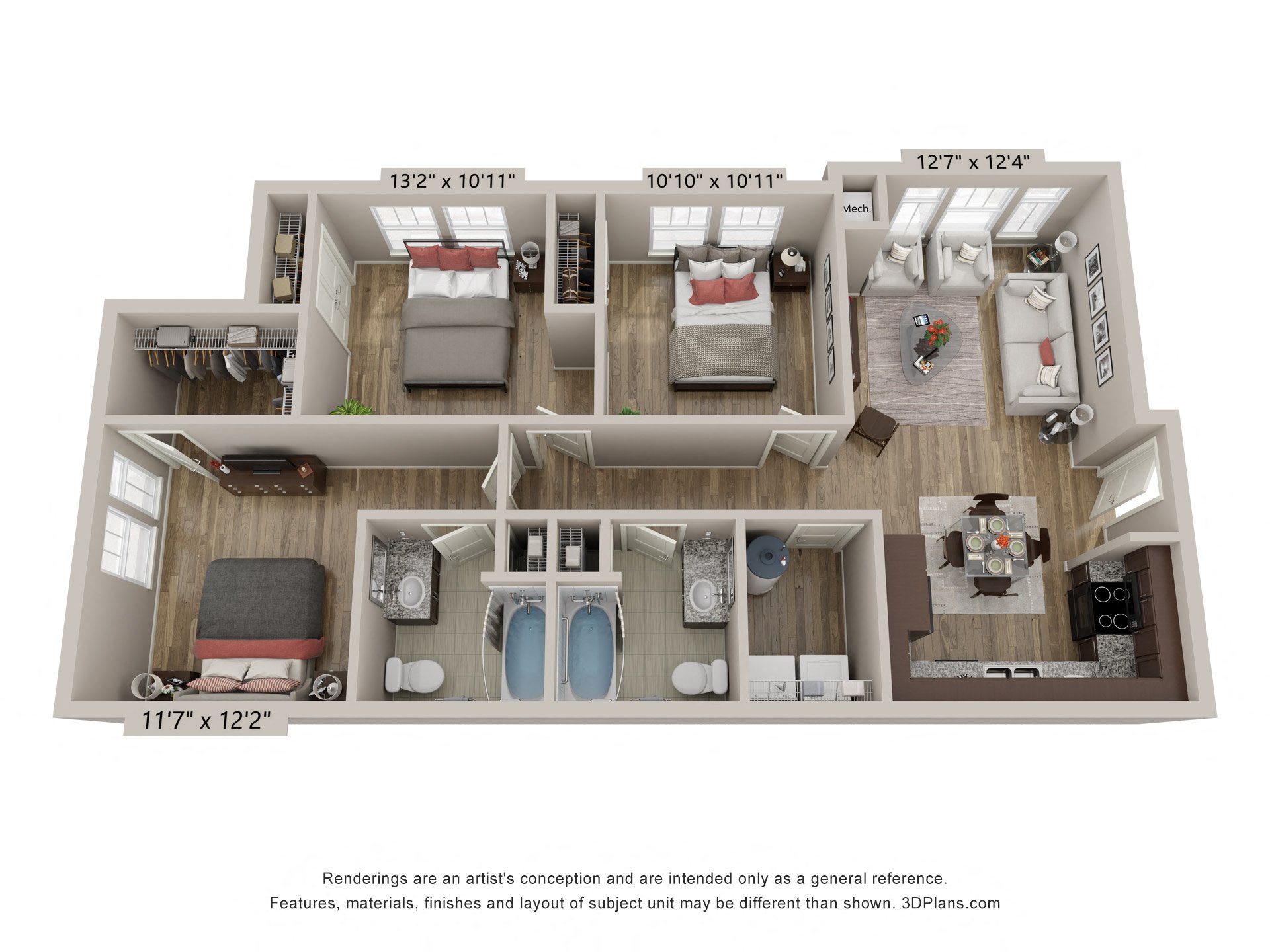 Floor plan for 3 beds, 2 baths, 1138 sqft